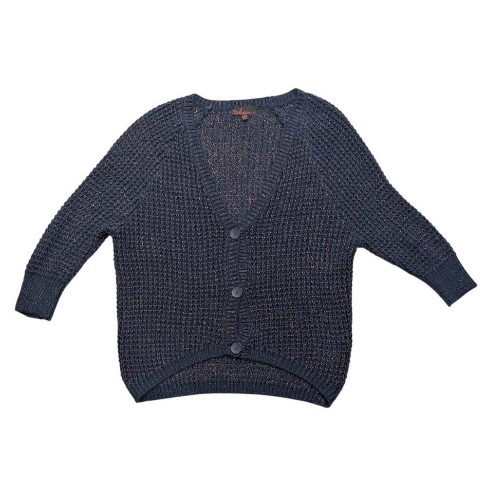 Takeout Cardigan Women M Navy Blue Copper Metallic Waffle Knit 3/4 Sleeve